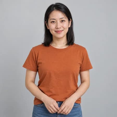 Fictional adult woman in an orange shirt, the reference transformed into the zombie partner